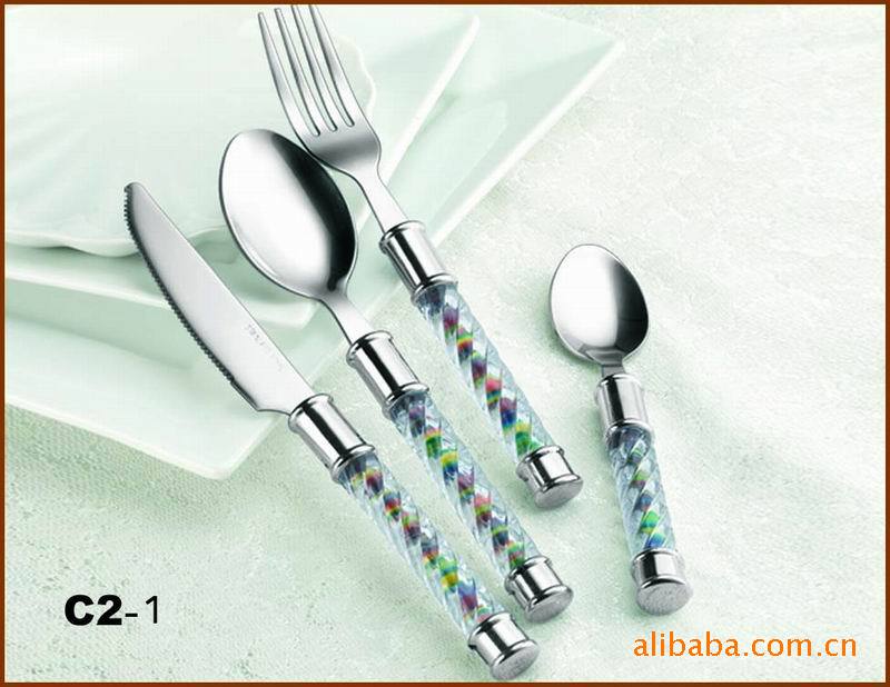 【揭阳兴俊供应C2水晶柄不锈钢餐具,塑料手柄