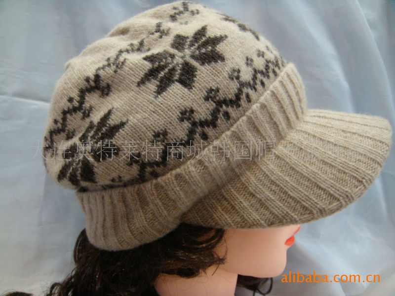 韩国进口羊绒线编织雪花图带雁保暖时尚帽X0