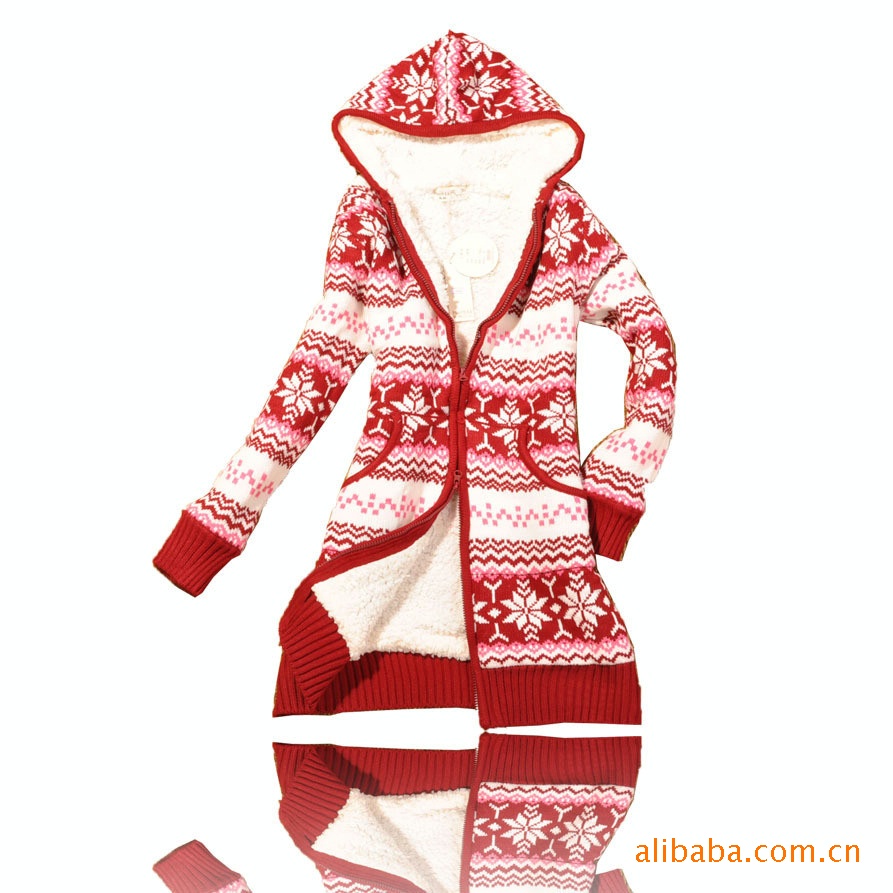 厂家直批 <em>韩版</em>织花雪花图案加绒<em>长款毛衣</em>外套