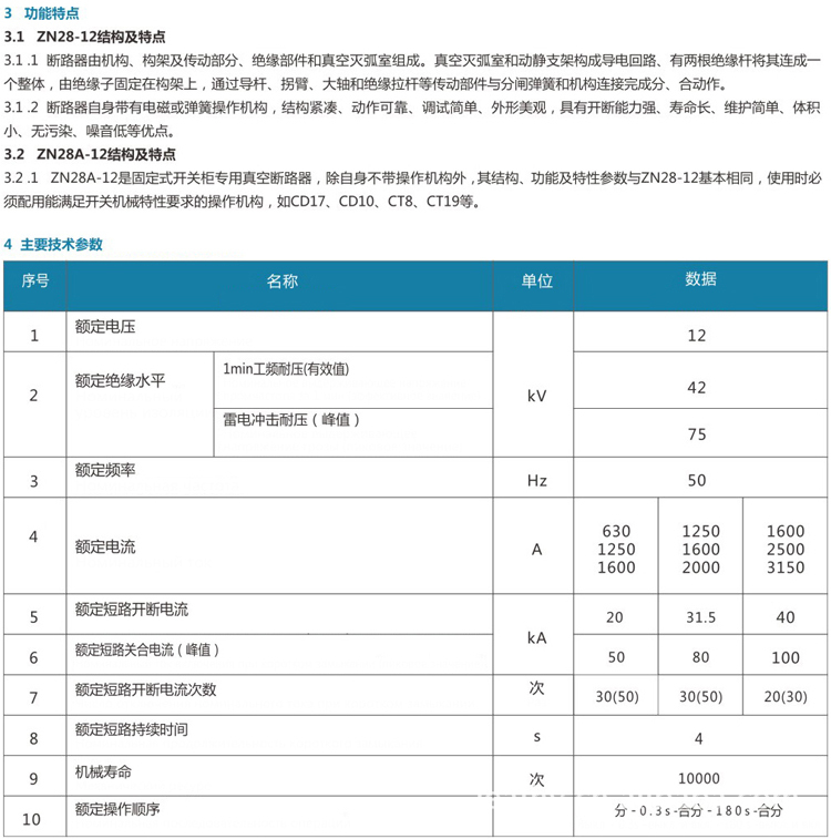 zn28-12 系列户内高压真空断路器