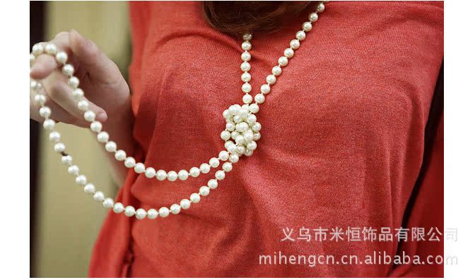 厂家直销 双层 白珍珠 打结 长毛衣链 韩国饰品