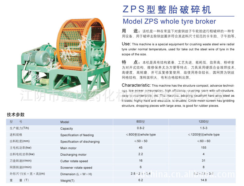 加工订制废旧轮胎粉碎机zps整胎破碎机