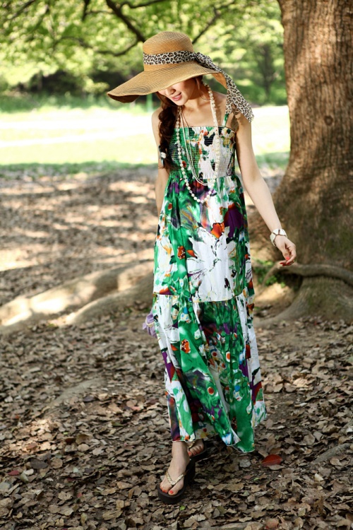格士波西米亚吊带长裙绿色碎花公主长裙图片,