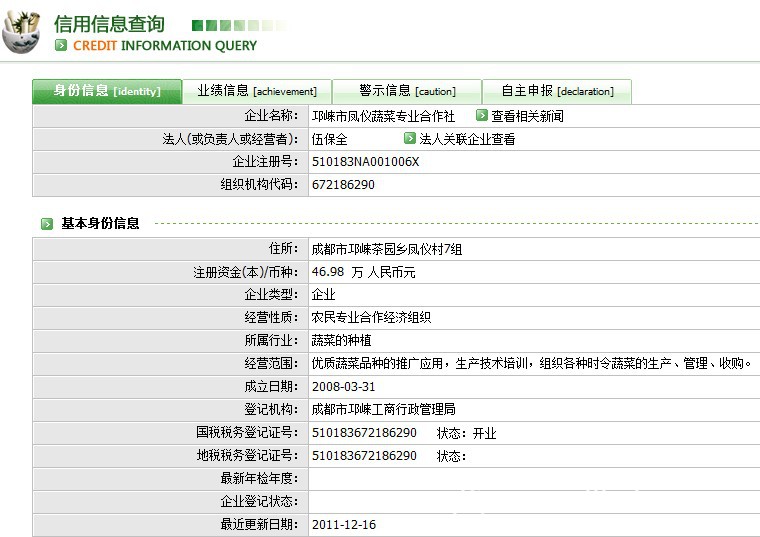 邛崃市凤仪蔬菜合作社营业执照变更为46.98 万