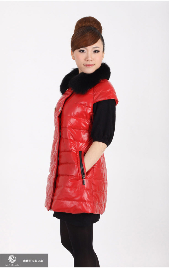 【米歇尔 <em>进口</em>绵羊皮 狐狸毛领 <em>羽绒马甲</em> <em>女士</em>长