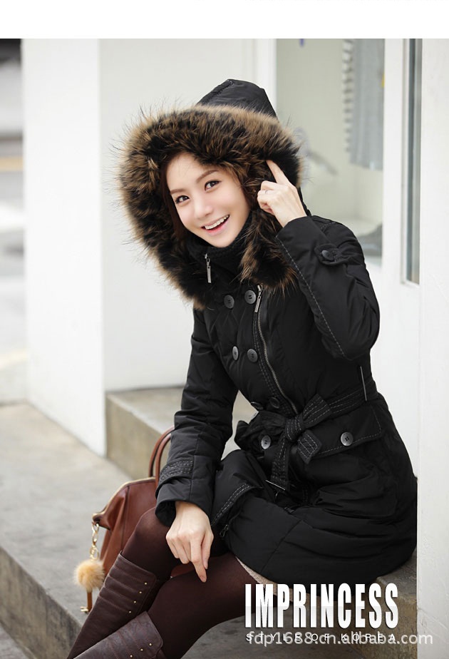 冬装新品韩版保暖中长款收腰棉服棉袄带帽毛领