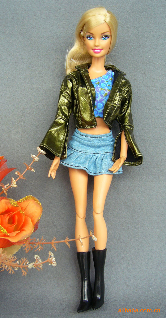 玩具配件-<em>芭比娃娃</em>服装 黑皮衣牛仔裙 1/6娃衣