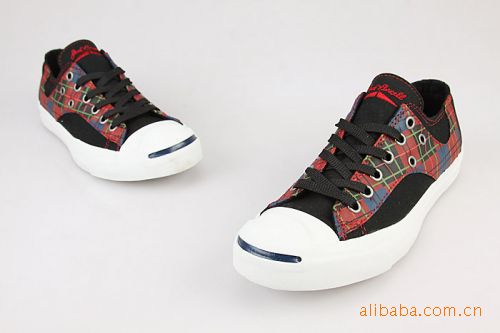 主打 匡威四月新款 开口笑红黑格子布低帮帆布