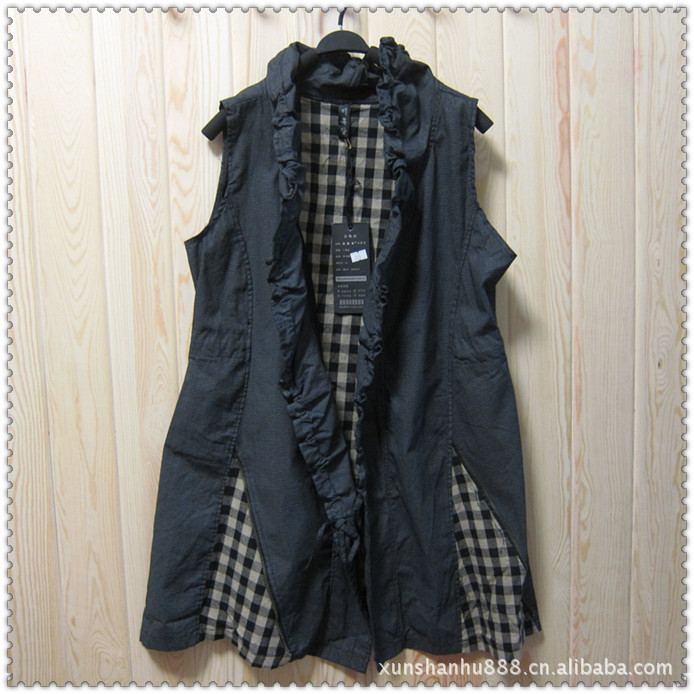 韩单精口<em>女马甲</em> <em>长版</em>品质麻外套 收腰修身-修身