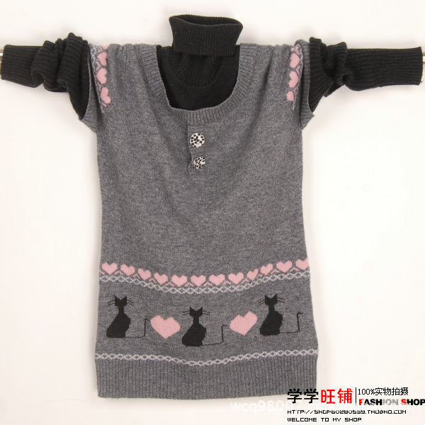 E卡通女童<em>毛衣</em>小猫图案<em>儿童羊绒</em>衫中<em>长款</em>女童