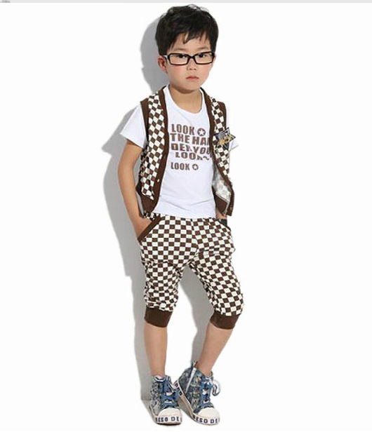 【特价供应2011新款<em>格子</em>马夹长裤三件套男童