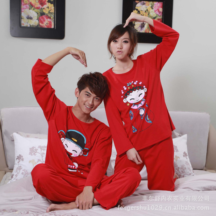 结婚款<em>喜庆</em>红色卡通<em>情侣睡衣</em>家居服图片,结婚