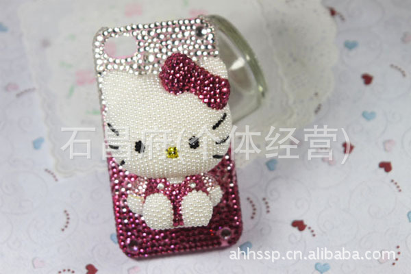 明星同款holle kitty猫翻盖手机壳 钻+珍珠 苹果4