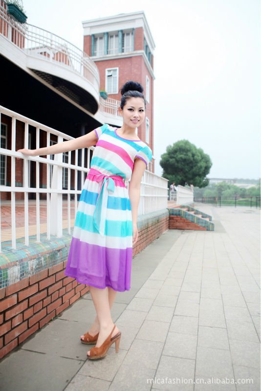 1夏新款韩版薄波西米亚彩条雪纺<em>连衣裙母女</em>裙