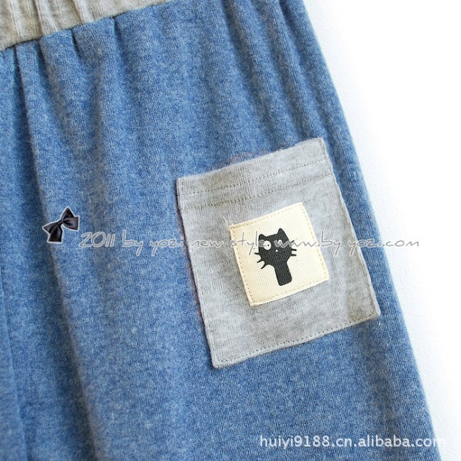 秋装2011女裤韩版 小猫图案修身拼色口袋长款