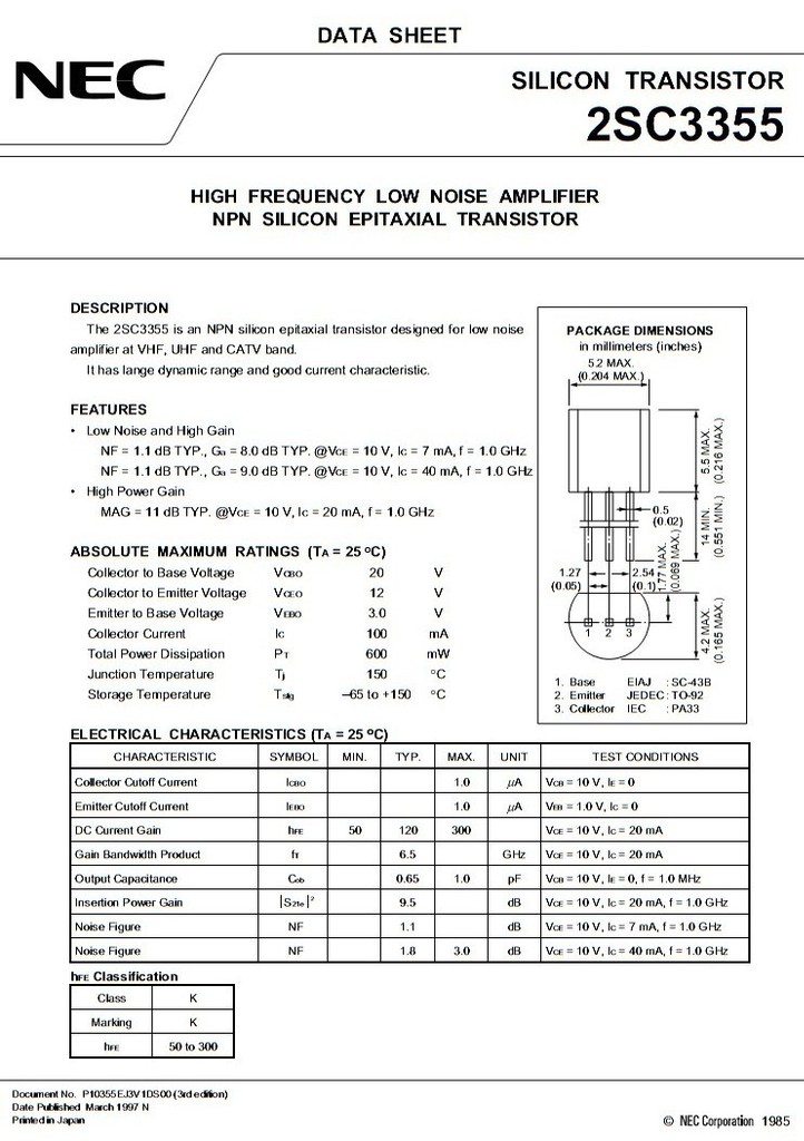 【2SC3355 高频低噪声放大器NPN晶体管】价