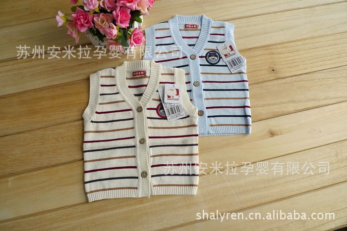 【哆啦小贝3058 男童<em>女童</em> <em>条纹</em>前开<em>马甲</em> <em>毛线</em>衣