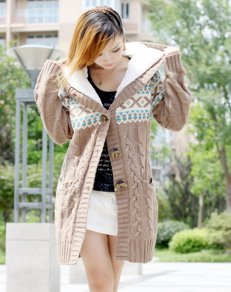 秋冬新款 韩版<em>时尚</em> 提花麻花口袋夹绒 带帽<em>加厚</em>