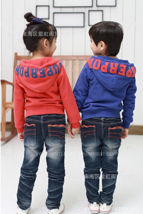 批发秋季童装 洗水做旧 磨白 韩版牛仔裤 男童女
