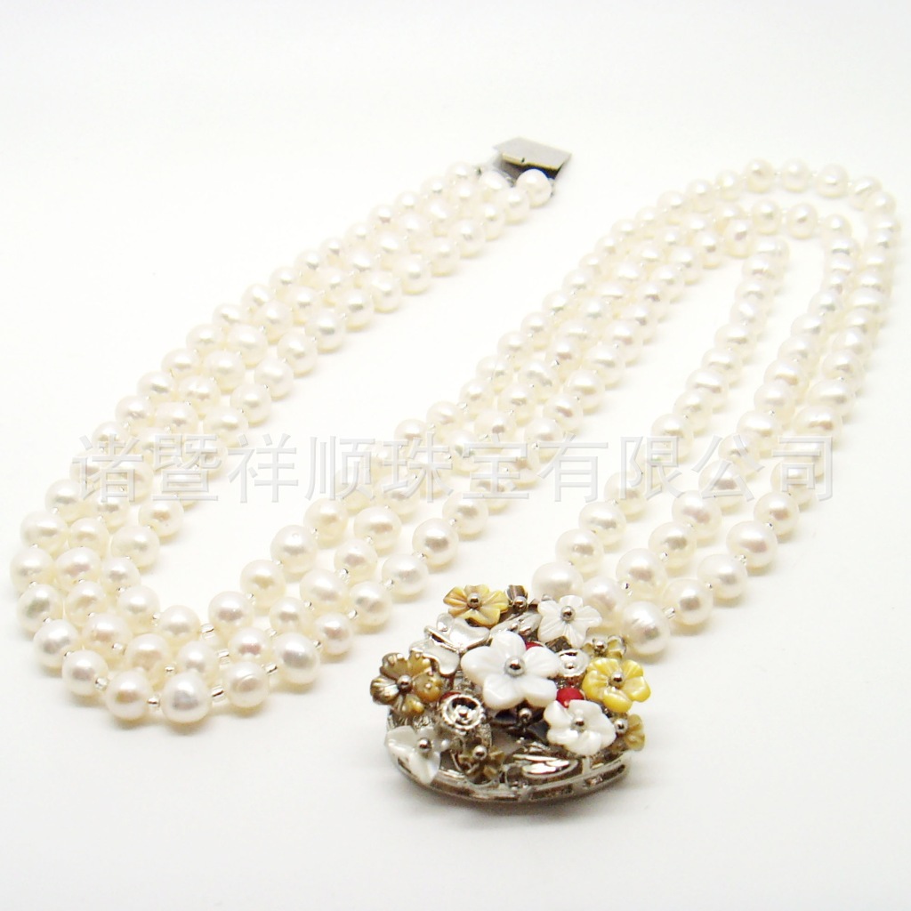 尚新款 三排 附真人秀 天然珍珠项链 花样项链图