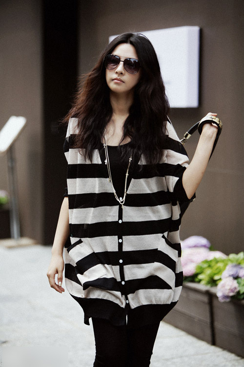 【12秋款韩版蝙蝠衫<em>开衫大码女装中袖</em>黑白条