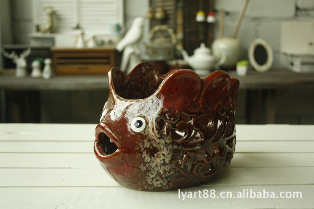 陶瓷工艺品 家居摆设花盆 海洋热带鱼烛台镂空