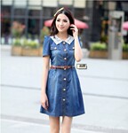 韩版批发韩版女装日韩新款蕾丝领 时尚显瘦牛仔短袖连衣裙 A10