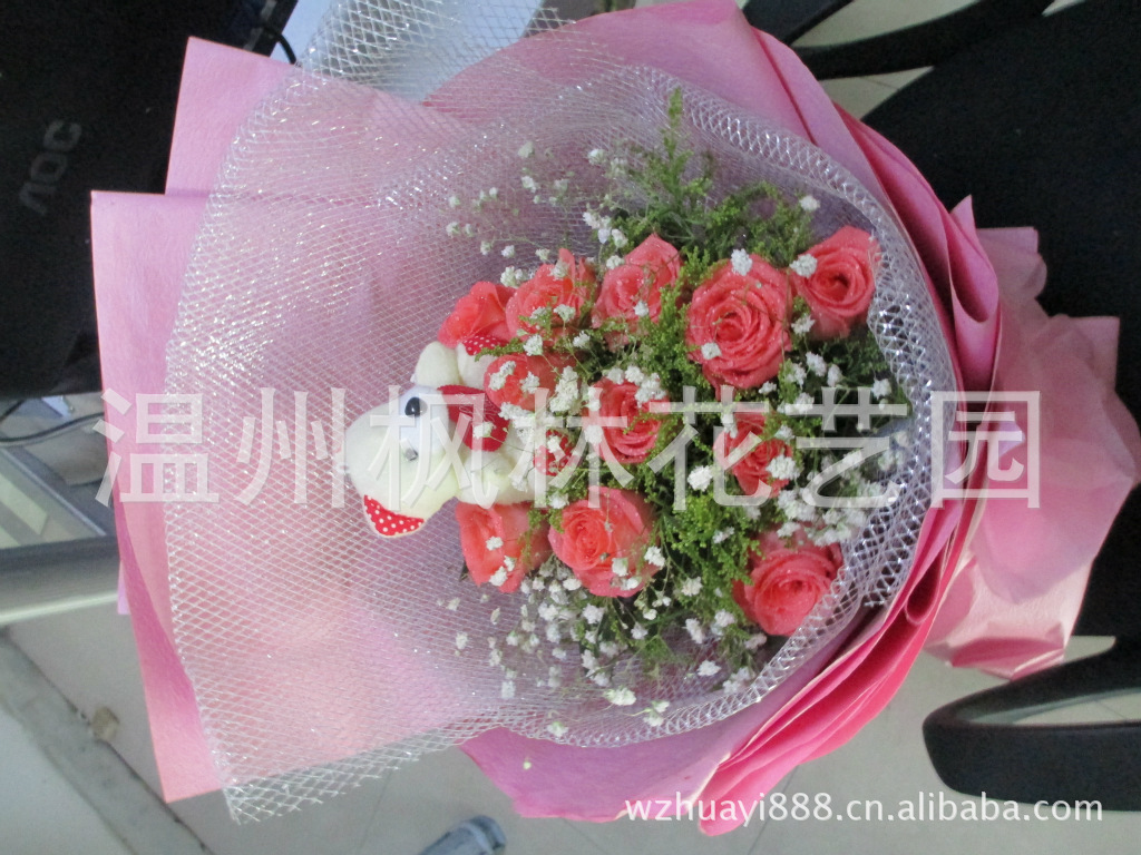 【19朵粉红玫瑰 七夕鲜花花束批发 温州鲜花批