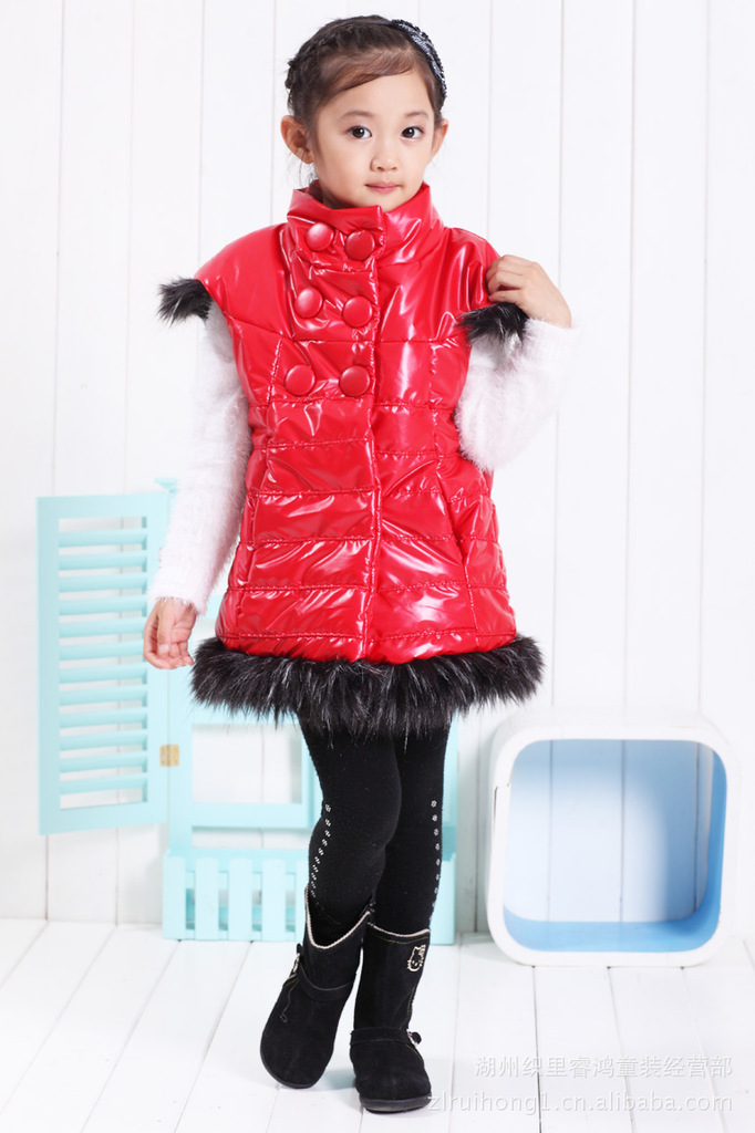 睿鸿童装 新品女童<em>棉马甲</em>韩版<em>长款</em>双排扣<em>儿童</em>