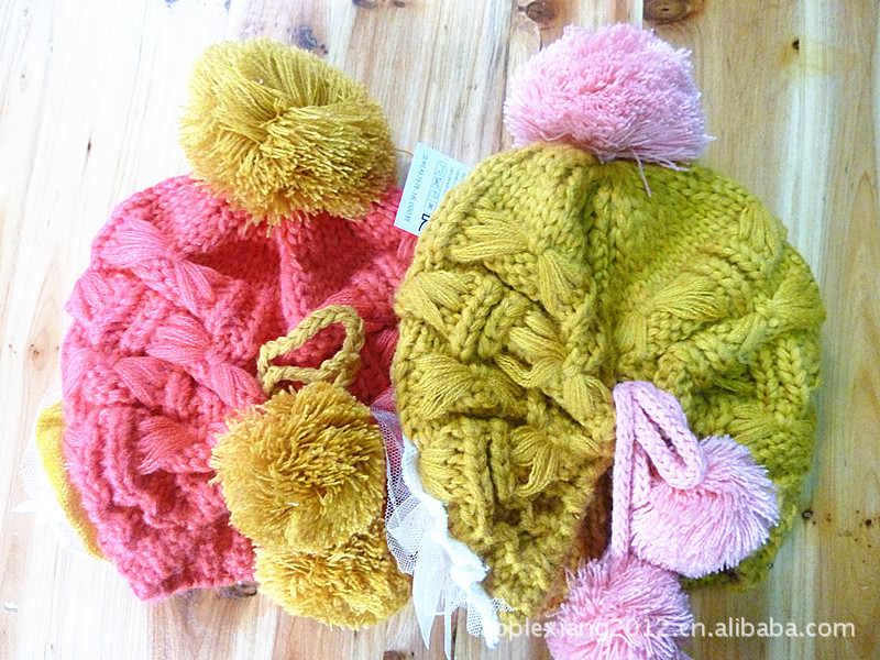 【扎辫子可戴女童棉帽子冬季加厚儿童毛线帽子