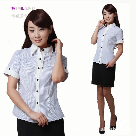 <em>高档职业装女</em>衬衫 夏款短袖花边条纹衬衣 面试