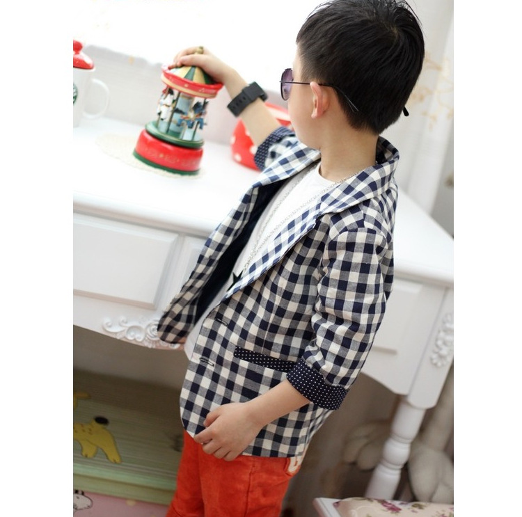 韩版秋款童装 外套七分袖男童装西服 格子儿童