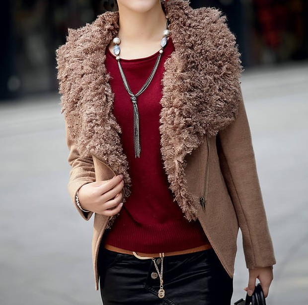 秋冬装<em>新款</em>韩版大码女装毛领短款<em>开衫</em>不规则毛