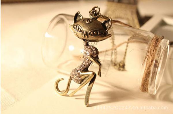 【复古镶钻猫咪猫女郎项链,<em>毛衣链</em>,<em>天猫</em>女士项