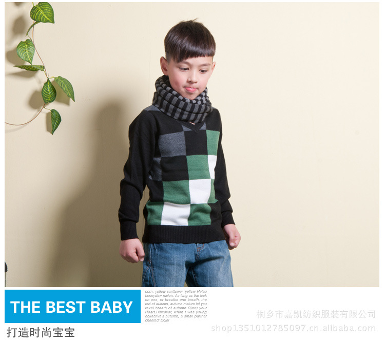【厂家直销 新款<em>男童毛衣</em>V领格子儿童<em>羊绒衫</em> 