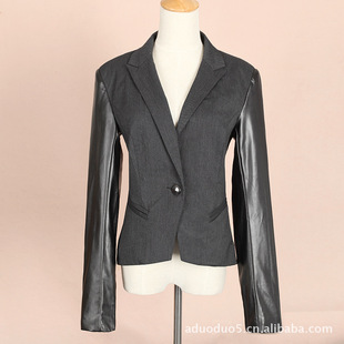 供应欧美时尚简约小西服PU拼接袖子小西服简约个性款