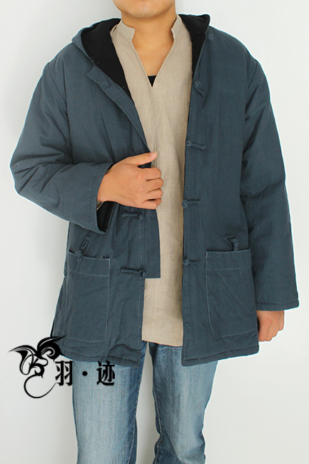 棉麻盘扣连帽中长款<em>棉衣开衫</em>外套 男女同款 民