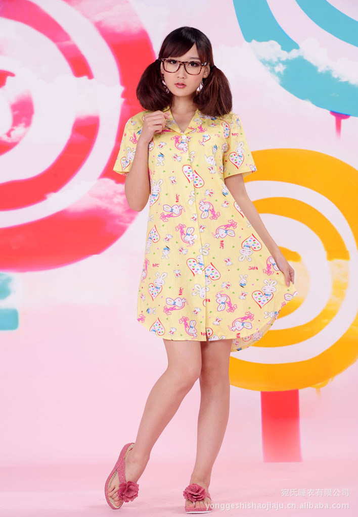 【<em>韩版开衫衬衫</em>裙夏季睡衣<em>女士</em>纯棉睡裙卡通可