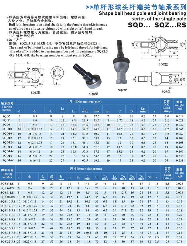 批发零售高品质 sqz20-rs球头 直杆球头 杆端关节轴承 万向节轴承