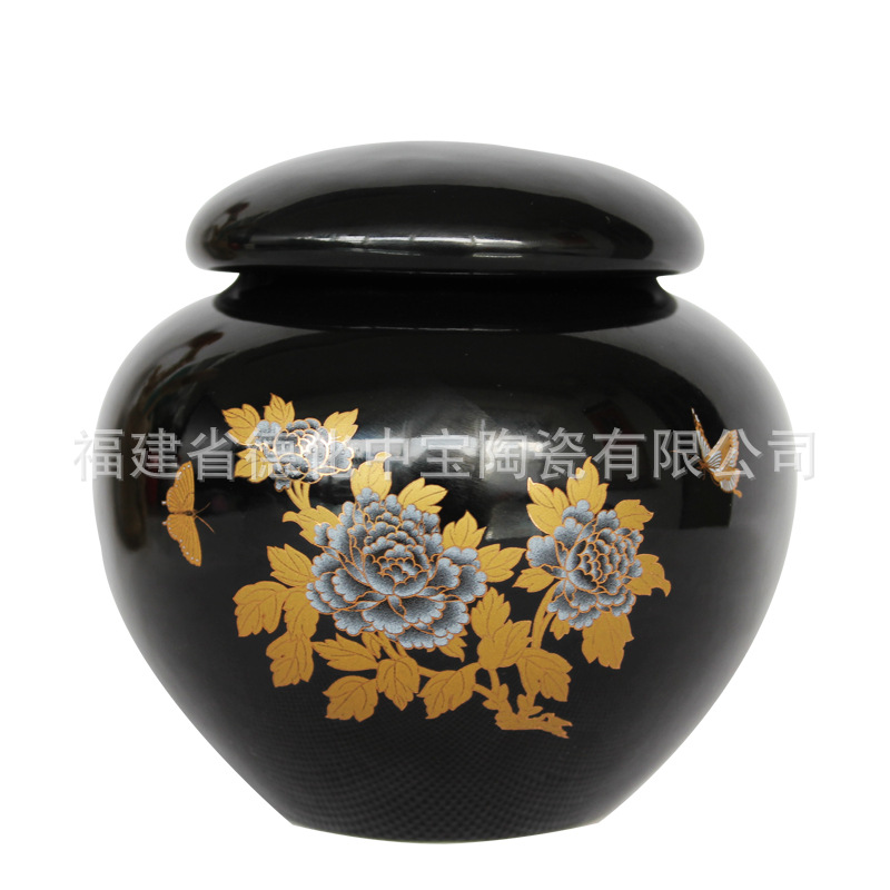 廠家直銷紅釉陶瓷茶葉罐牡丹金花 可裝鐵觀音250g左右