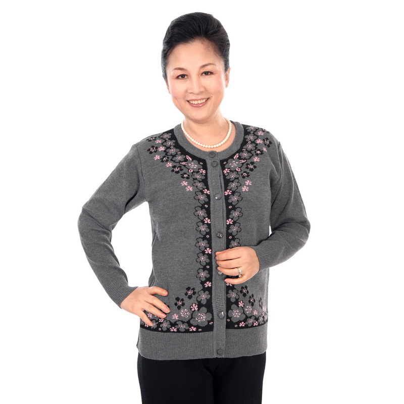 【女士<em>开衫</em> 毛衣 <em>中年</em>长袖细<em>毛线</em>圆领绣花外套