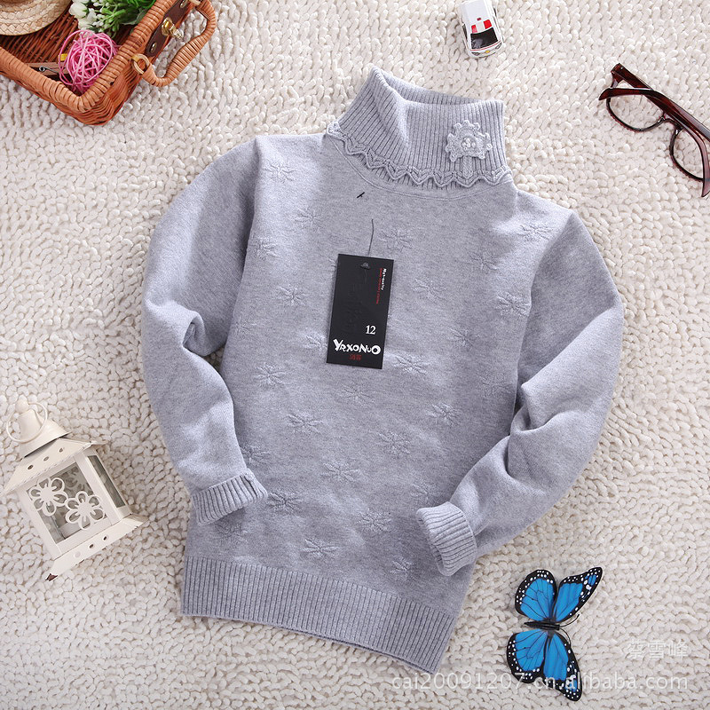 ~韩版全棉纯色提花针织打底衫~中大童珠花高