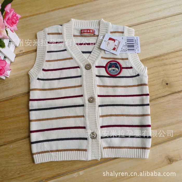 【哆啦小贝3058 男童<em>女童</em> <em>条纹</em>前开<em>马甲</em> <em>毛线</em>衣