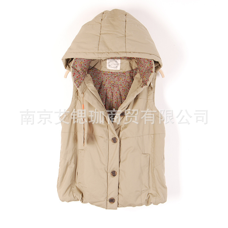 外贸原单<em>女装</em>时尚连帽碎花<em>立领棉马甲</em>女韩版秋