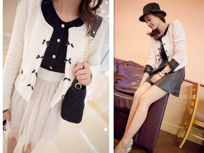 冬女上装新款欧美小香风珍珠蝴蝶结<em>毛尼开衫</em>外