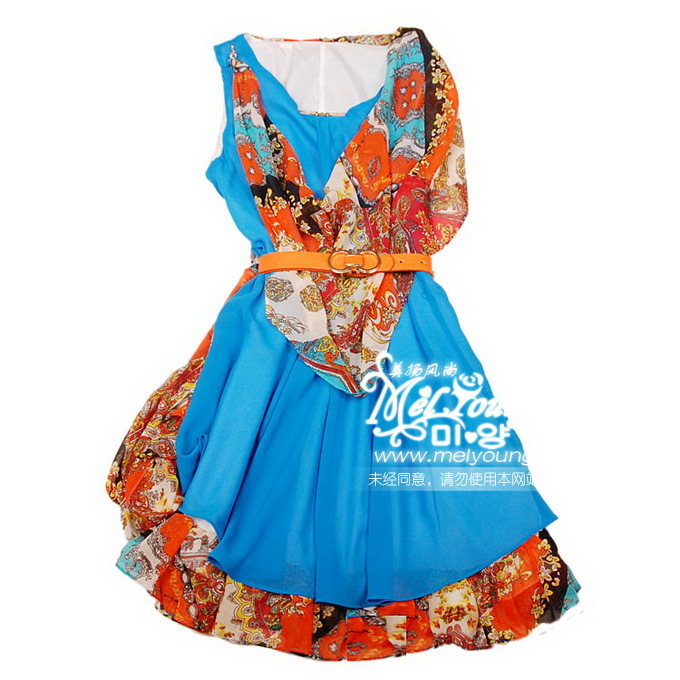 【2012 夏装 新款 时尚爱马仕印花撞色不对称连