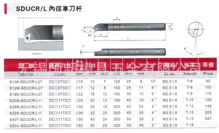 台湾进口数控刀具SDUCR/L内径95°车刀杆