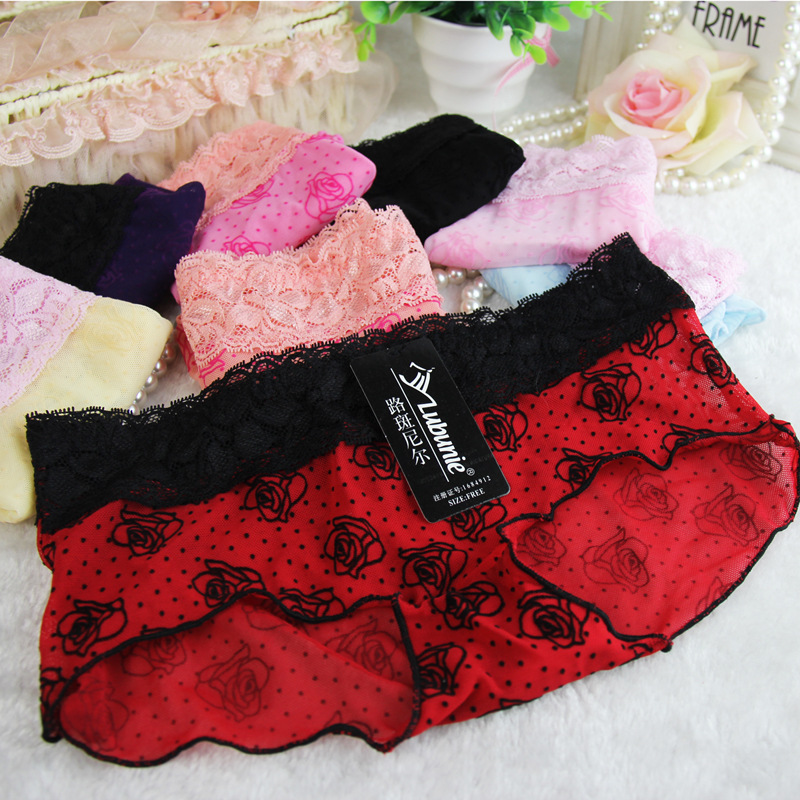 1602 韩版玫瑰花纹蕾丝网纱女式内裤平角裤批