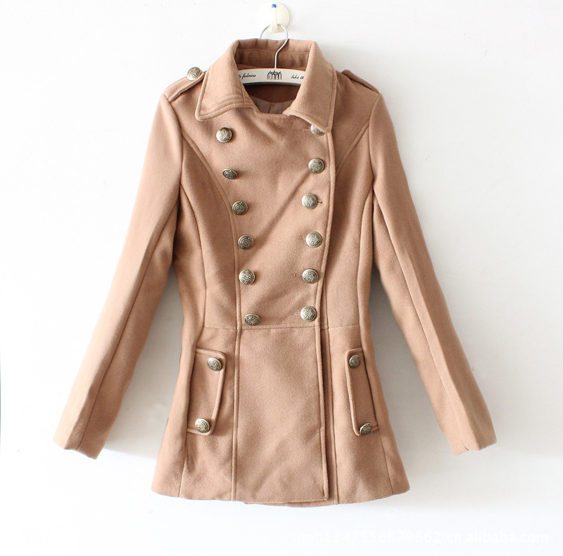 女装女款大衣 女式双排扣翻领中长款毛呢风衣