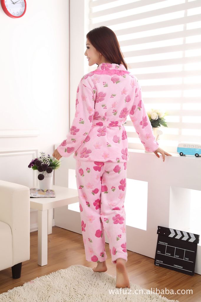 <em>珊瑚绒睡衣批发</em> 女 春秋冬季新品 苹果花绑带珊